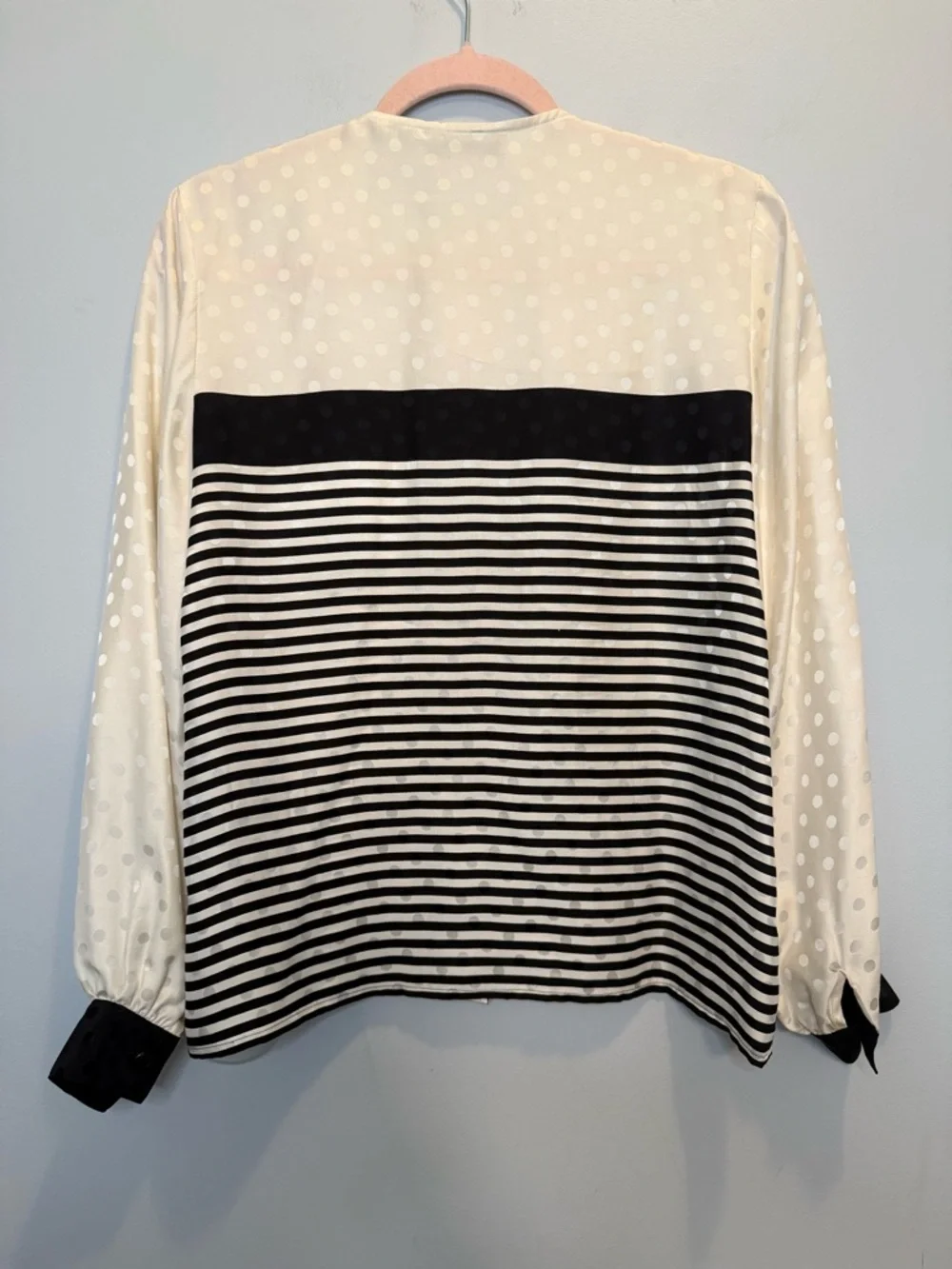 VINTAGE Adrianna Papell 100% Silk Mixed Print Striped Polka Dot Blouse Size 6 - Picture 2 of 6